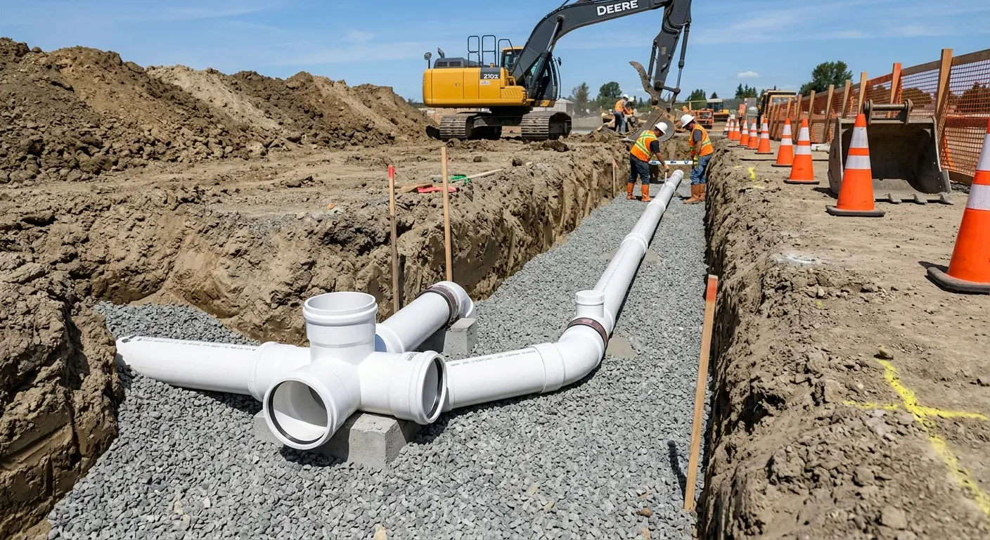 New PVC sewer pipe installation in open trench for Commercial Drain Cleaning in Beloit